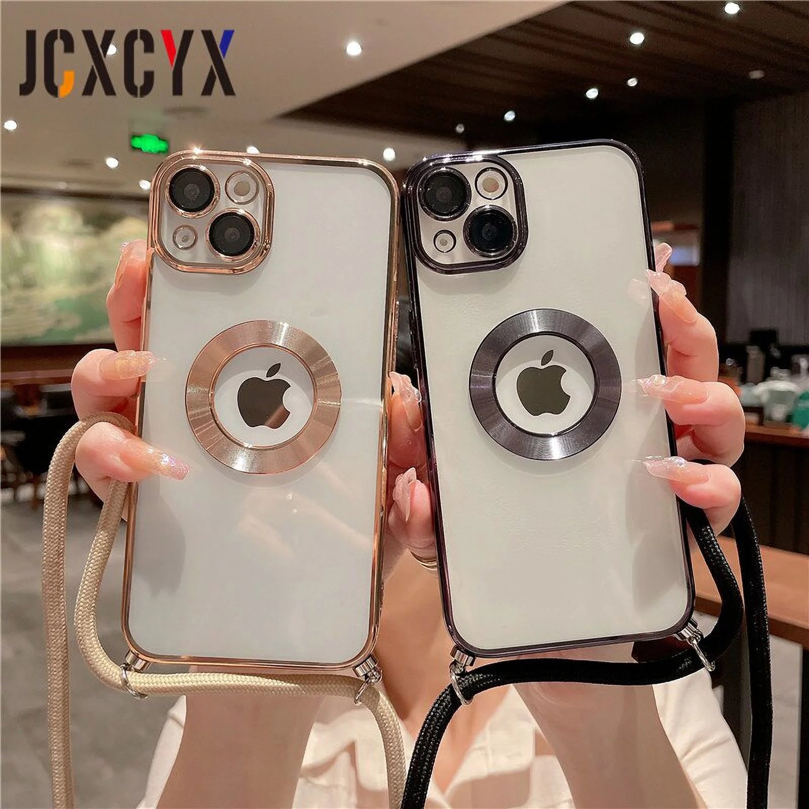 Crossbody Lanyard Cord Plating Transparent Soft Case for Iphone 14 Pro Max 14 13 12 11 15 XS XR 8 7 plus Lens Protector Cover